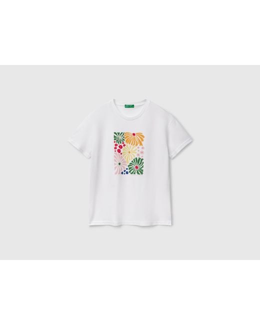 Benetton, Camiseta Regular Con Estampado De Flores. Blanco, Mujer Benetton de color Blue