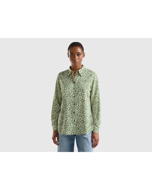 Benetton Green Patterned Shirt In Sustainable Viscose