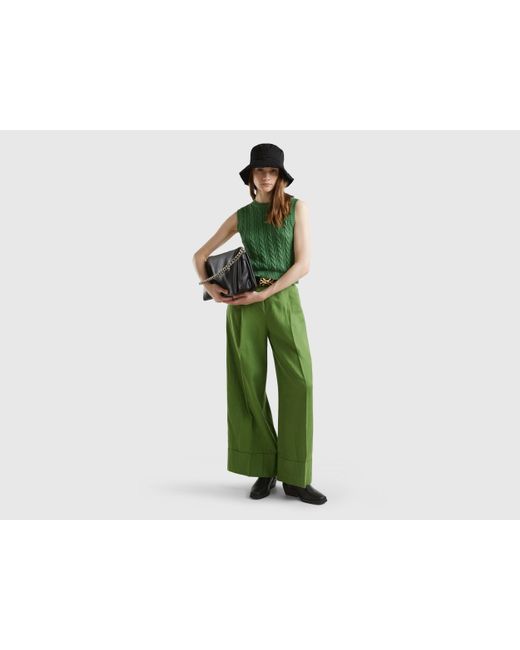 Benetton Green Palazzo Trousers In 100% Linen