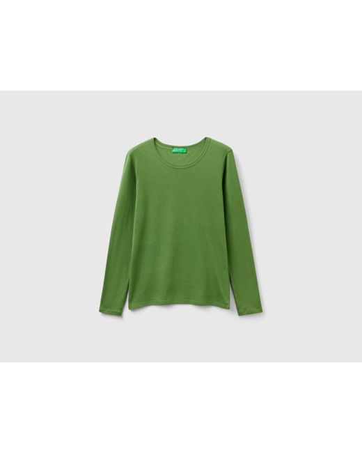 Benetton Green Langärmeliges T-shirt Aus Reiner Baumwolle