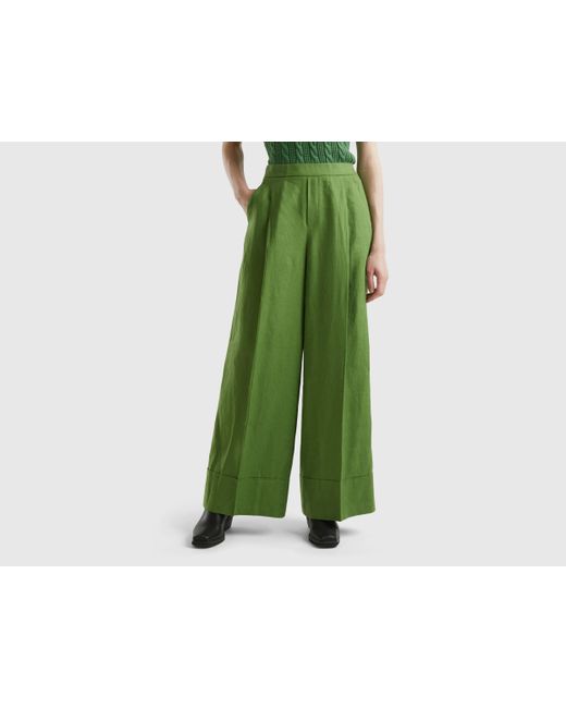 Benetton Green Palazzo Trousers In 100% Linen