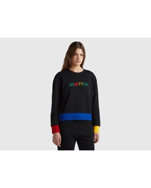 Benetton Black 100% Cotton Sweatshirt With Logo Print