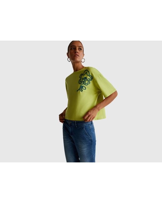 Benetton, Camiseta De Corte Cuadrado Con Aplicación, Talla, Verde Claro, Mujer Benetton de color Black