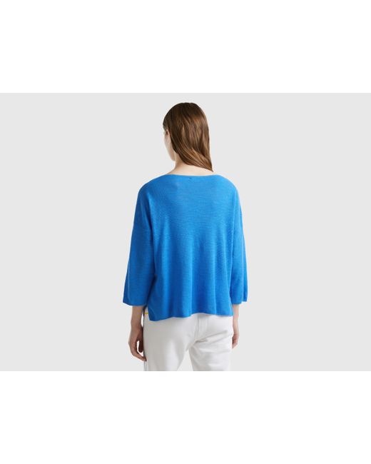 Benetton Blue Sweater In Linen Blend With 3/4 Sleeves