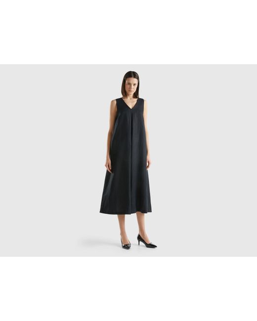 Benetton Black Sleeveless Dress In Pure Linen