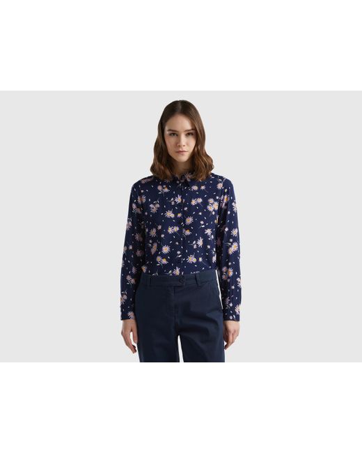 Benetton Blue Patterned Shirt In Sustainable Viscose