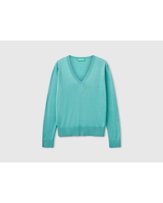 Benetton, Pull Col V En Soie Mélangée, Bleu Vert, Femme Benetton en coloris Blue