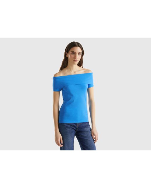 Benetton Blue Eng Anliegendes T-shirt Mit Freien Schultern