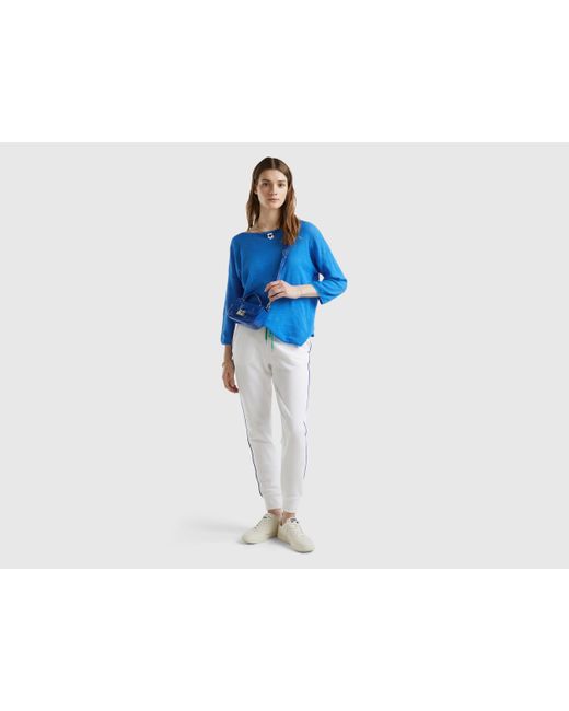 Benetton Blue Sweater In Linen Blend With 3/4 Sleeves