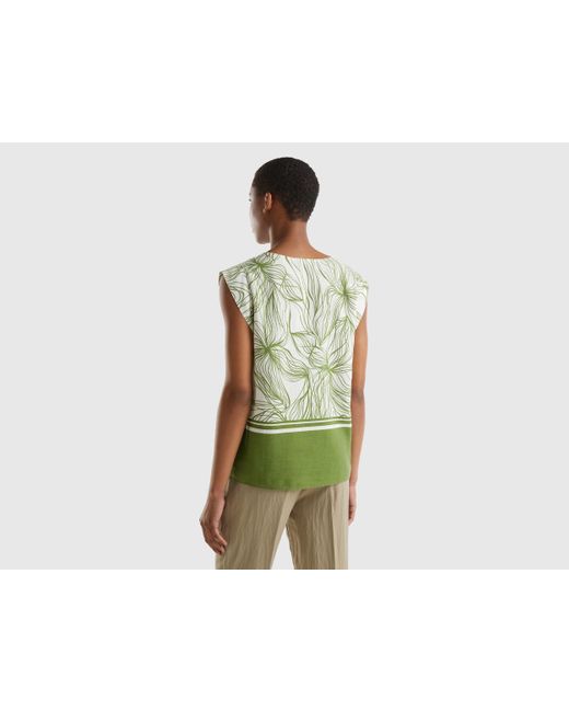 Benetton Green Patterned Blouse In Sustainable Viscose Blend