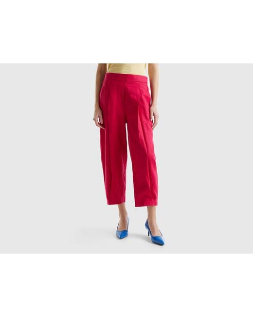 Benetton Red Trousers In Pure Linen
