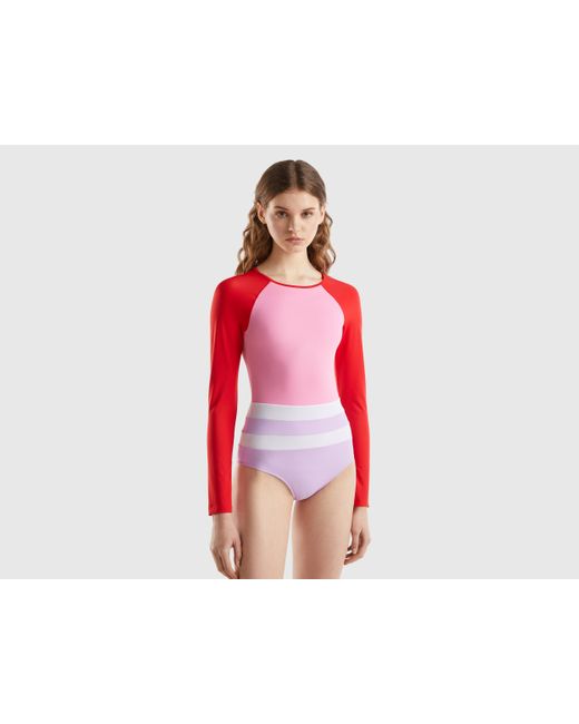 Benetton Red Long Sleeve Swimsuit In Econyl®