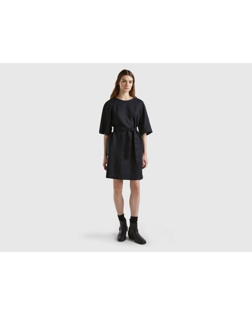 Benetton Black Short Dress In Pure Linen