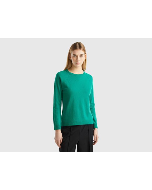 Benetton Blue Aqua Green Crew Neck Sweater In Wool And Cashmere Blend