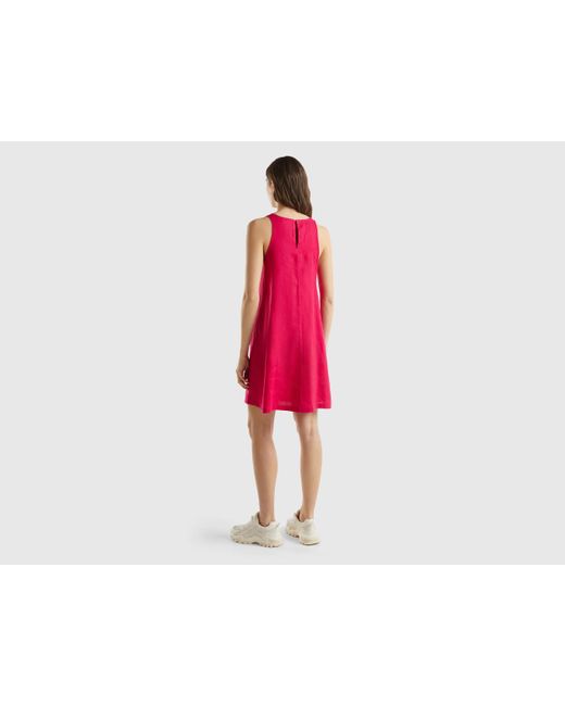 Benetton Red Sleeveless Dress In Pure Linen