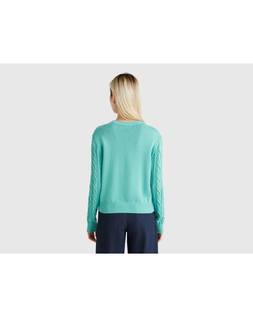 Benetton, Pull En Maille Torsadée 100% Coton, Bleu Vert, Femme Benetton en coloris Blue