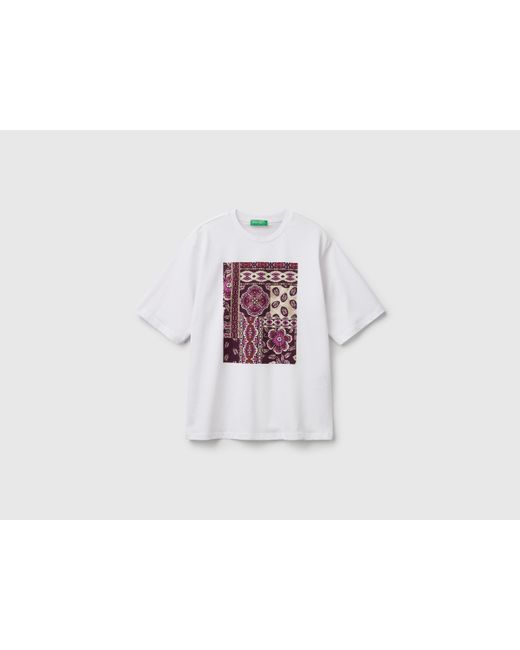 Benetton, T-Shirt Con Stampa Bandana, Taglia, Bianco, Donna di Benetton in Black