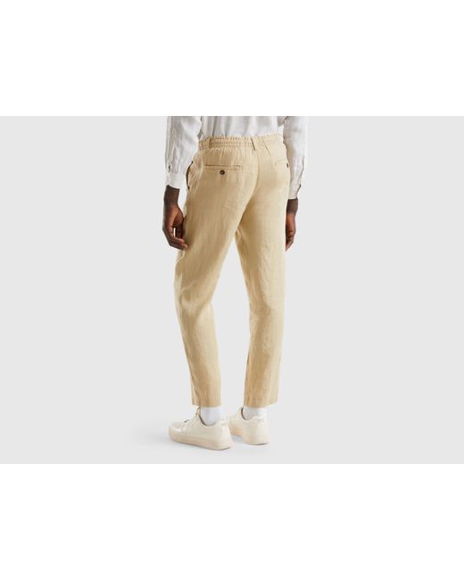 Benetton Black Trousers In Pure Linen With Drawstring for men