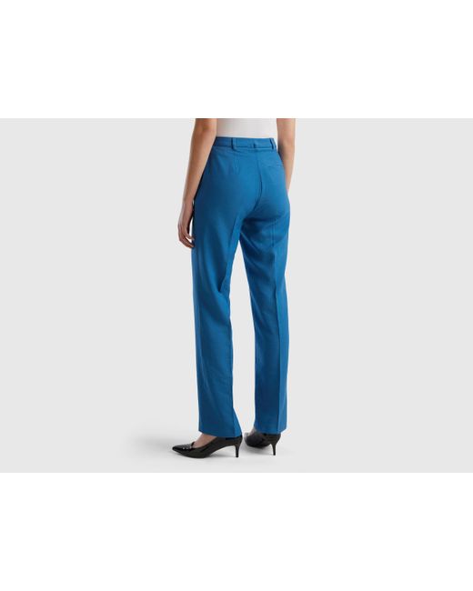 Benetton Blue Straight Leg Trousers With Crease