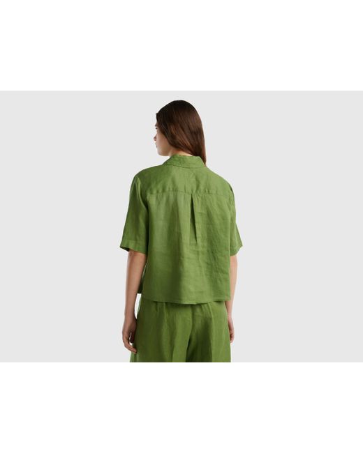 Benetton Green Short Shirt In Pure Linen
