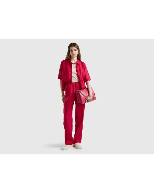 Benetton Red Trousers In Pure Linen With Elastic