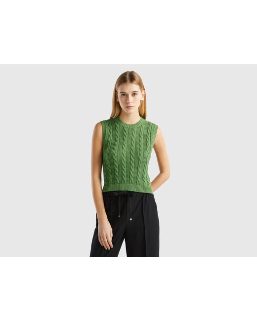 Benetton Green Cropped Cable Knit Vest