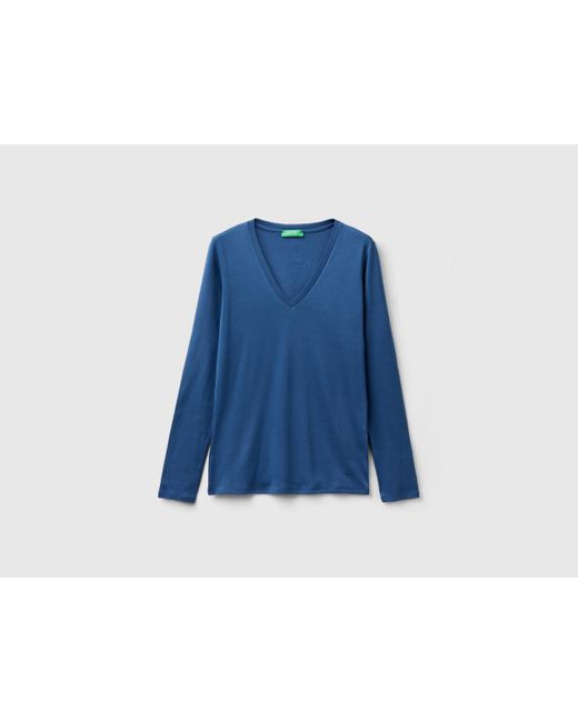 Benetton Blue Long Sleeve T-shirt With V-neck