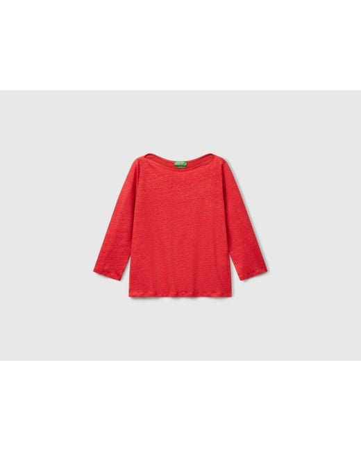 Benetton Red Benetton, Pure Linen T-Shirt With 3/4 Sleeves