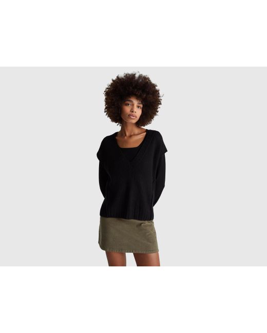 Benetton, Chaleco De Cuello En V De Mezcla De Lana, Talla, Negro, Mujer Benetton de color Black