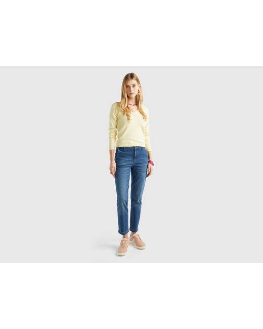 Benetton Yellow V-neck Sweater In Pure Cotton