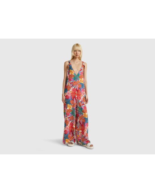 Benetton Black Floral Jumpsuit In Sustainable Viscose
