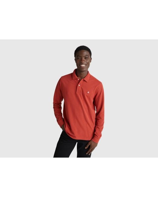 Benetton, Polo En Coton À Manches Longues, Taille, Rouge Brique, Homme Benetton pour homme en coloris Red