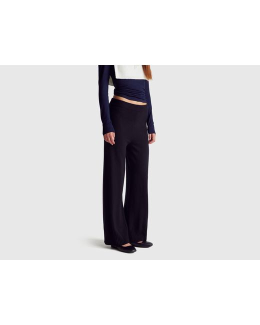 Benetton, Pantalones Negros De Pierna Ancha En Mezcla De Lana Y Cachemira, Talla, Negro, Mujer Benetton de color Black