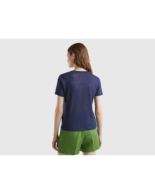Benetton Blue Crew Neck T-shirt In Pure Linen