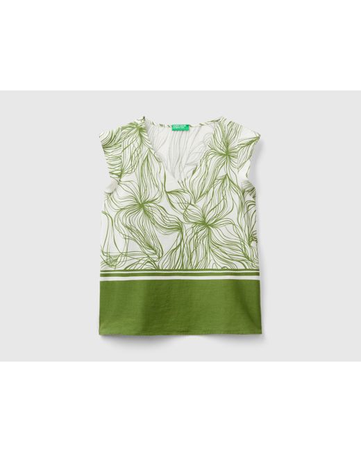 Benetton Green Patterned Blouse In Sustainable Viscose Blend
