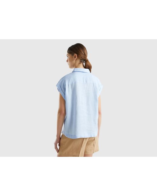 Benetton Blue Boxy Fit Shirt In Pure Linen