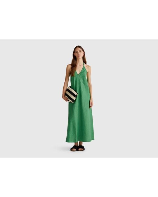 Benetton Green Benetton, Langes Kleid Aus Reinem Leinen, Grün