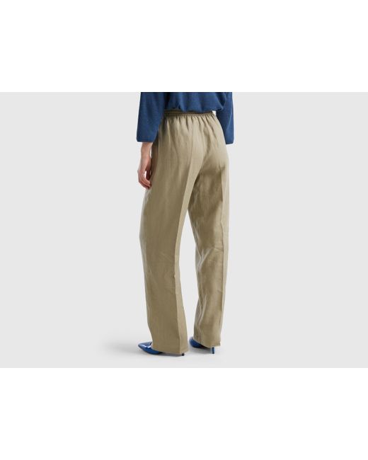 Benetton Black Trousers In Pure Linen With Elastic
