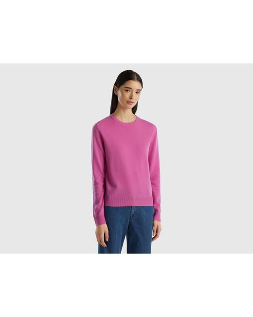 Benetton Black Dark Pink Crew Neck Sweater In Merino Wool