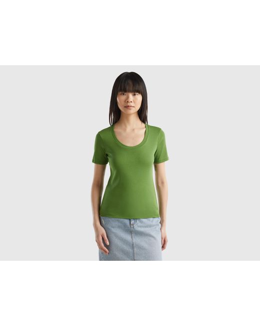 Benetton Green Short Sleeve T-shirt In Long Fiber Cotton