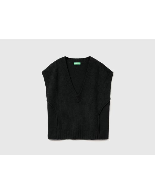 Benetton, Chaleco De Cuello En V De Mezcla De Lana, Talla, Negro, Mujer Benetton de color Black
