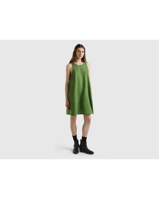 Benetton Green Ärmelloses Kleid In Reinem Leinen