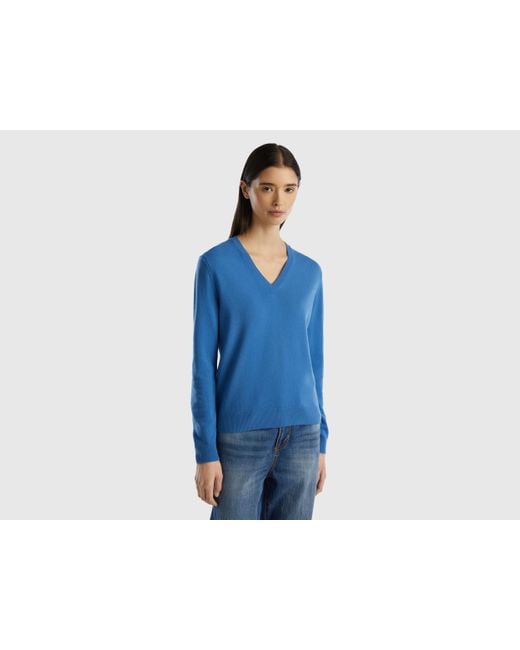 Benetton Blue V-neck Sweater In Pure Merino Wool