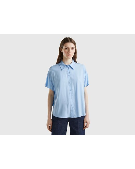 Benetton Blue Short Sleeve Shirt In Sustainable Viscose