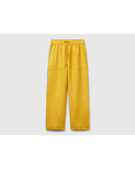 Benetton, Pantalón De Puro Lino Con Elástico, Mostaza, Mujer Benetton de color Yellow