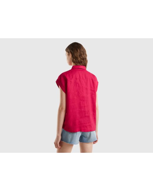 Benetton Red Boxy Fit Shirt In Pure Linen