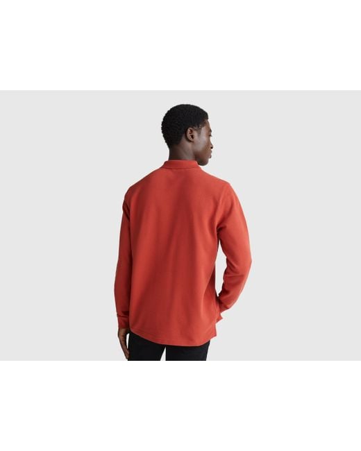 Benetton, Polo En Coton À Manches Longues, Taille, Rouge Brique, Homme Benetton pour homme en coloris Red