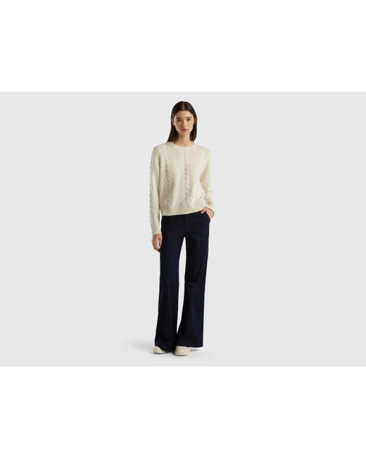 Benetton White Cable Knit Sweater In Pure Cashmere
