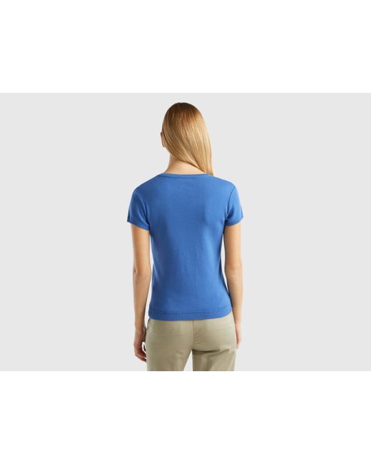 Benetton Blue Short Sleeve Sweater In 100% Cotton
