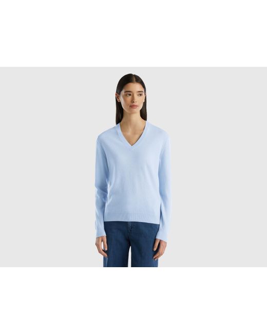 Benetton Sky Blue V-neck Sweater In Pure Merino Wool